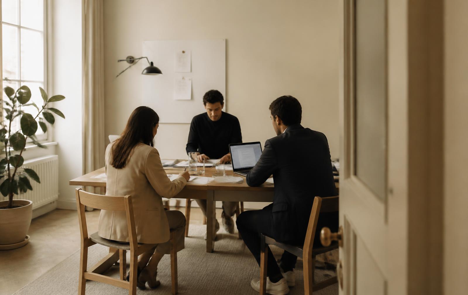 Colleagues reviewing case materials together in a quiet office